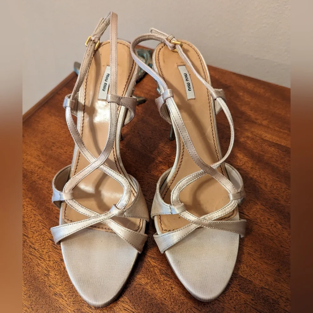 MIU MIU slingback satin crystal stiletto sandal heels - Picture 4 of 12